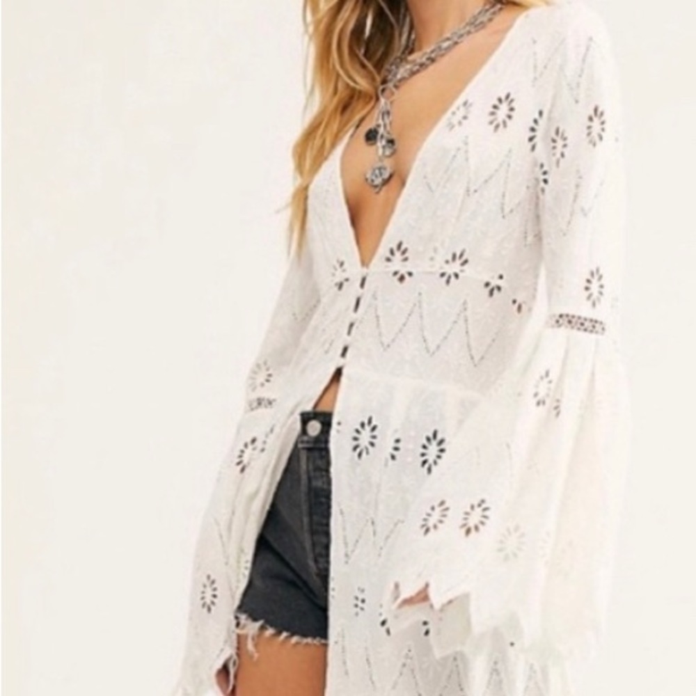 FREE PEOPLE Sweet Water Duster in Powder White Eyelet Long Kimono Jacket - NWT - Picture 14 of 16